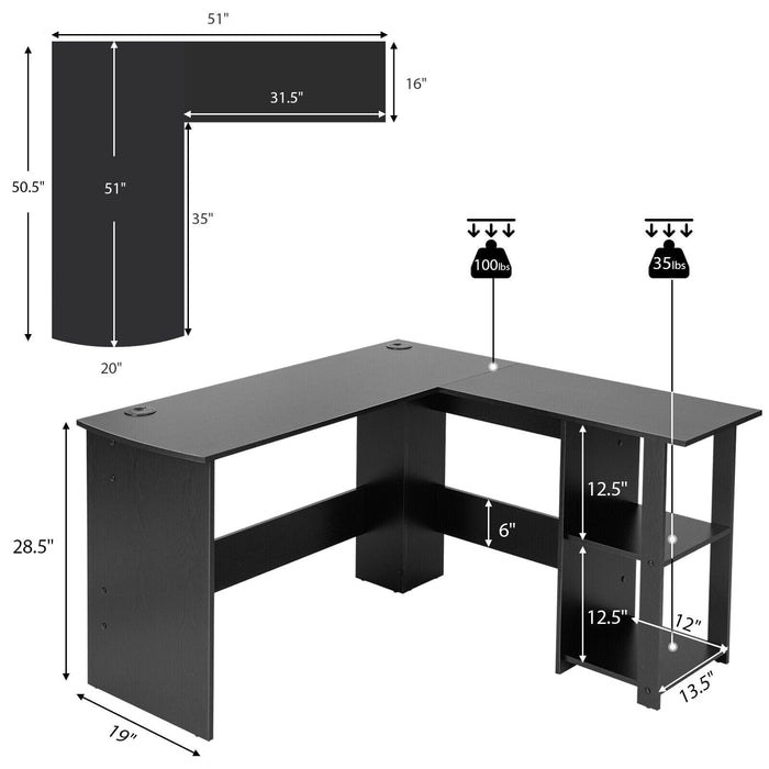 L-Shaped Office Computer Desk w/ Spacious Desktop & 2-Tier Open Shelves Black