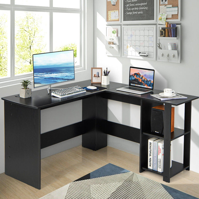 L-Shaped Office Computer Desk w/ Spacious Desktop & 2-Tier Open Shelves Black