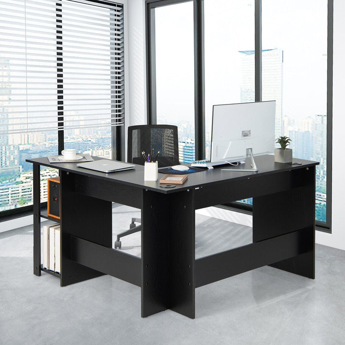 L-Shaped Office Computer Desk w/ Spacious Desktop & 2-Tier Open Shelves Black