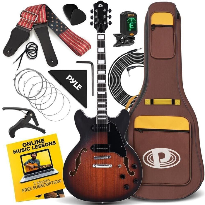 Pyle 6 String Semi-Hollow Body Jazz Style Electric Guitar, Wide Range Designs