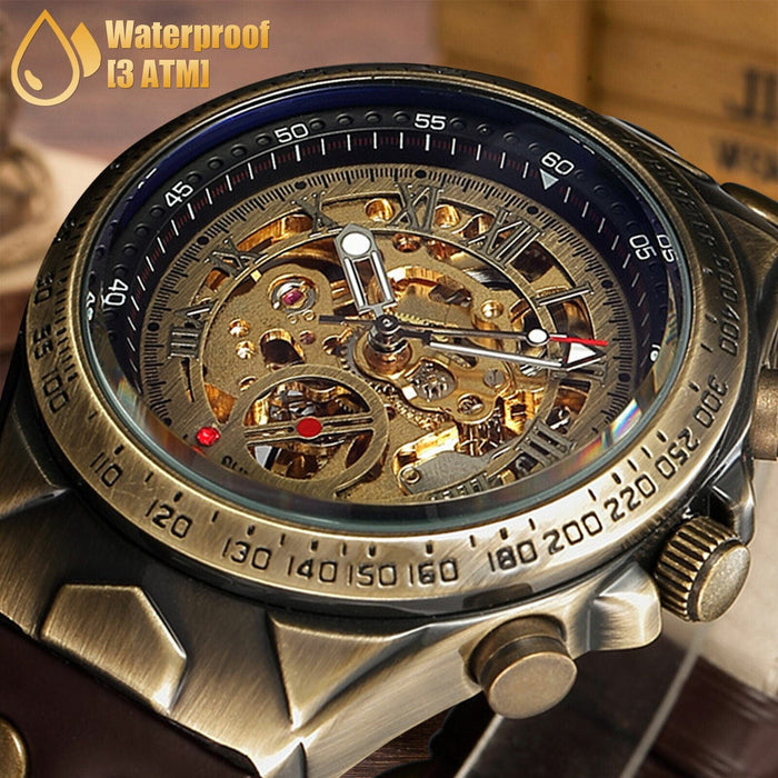 Luxury Men's Mechanical Wrist Watch Brown Leather Strap Retro Design Skeleton