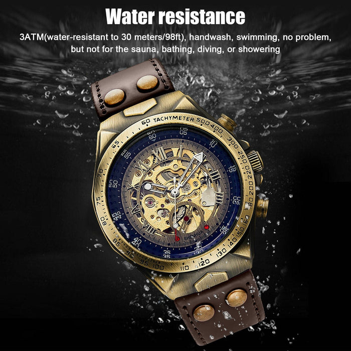 Luxury Men's Mechanical Wrist Watch Brown Leather Strap Retro Design Skeleton