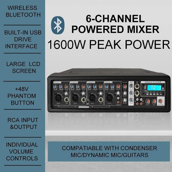 PRORECK MX10 1600W 6-Channel Powered Bluetooth Mixer with 10inch Passive Speaker