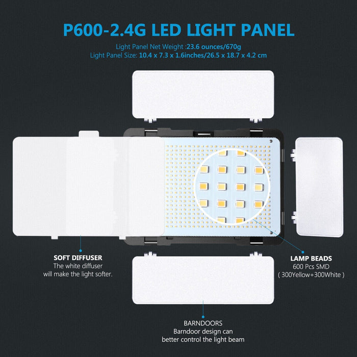 Neewer 2Pack 600 LED Light Video Lighting Kit Bi-color with Barndoor/LCD Display