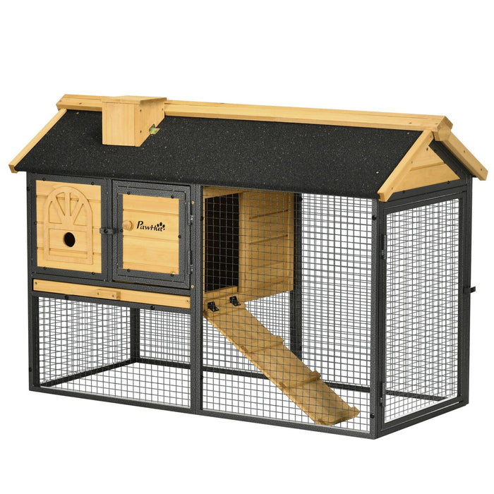 PawHut Rabbit Hutch Outdoor with Run, Bunny Cage with Removable Tray Ramp