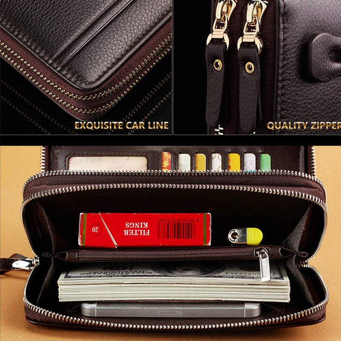 Mens Long Wallet Leather Large Double Zipper RFID Blocking Clutch Bag Handbag