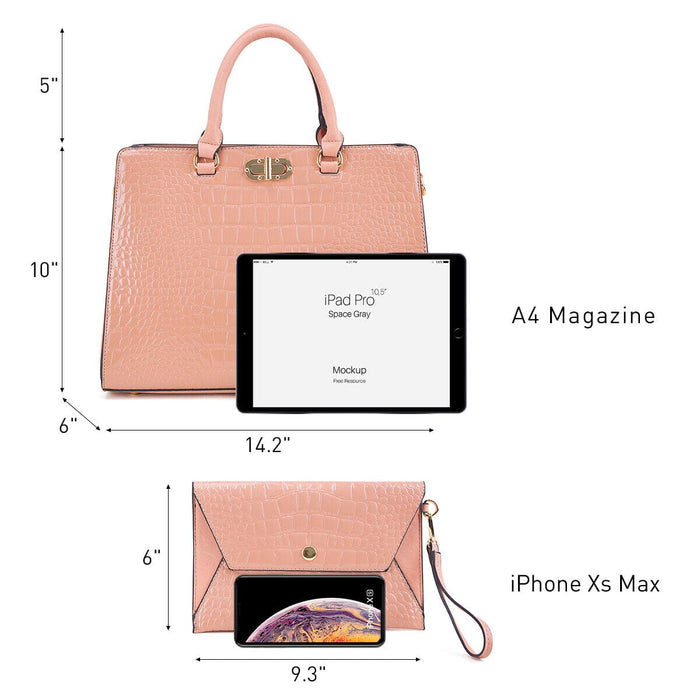 2Pcs Women's Handbag Fashion Faux Croco Leather Travel Satchel Purse with Wallet