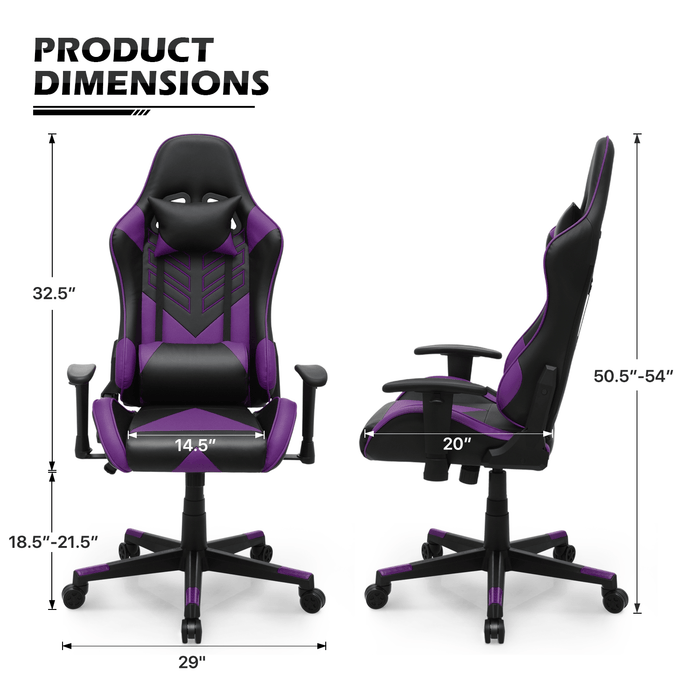 Purple Gaming Racing Chair Office Home Computer Seat w/Lumbar Support & Headrest