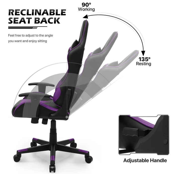 Purple Gaming Racing Chair Office Home Computer Seat w/Lumbar Support & Headrest