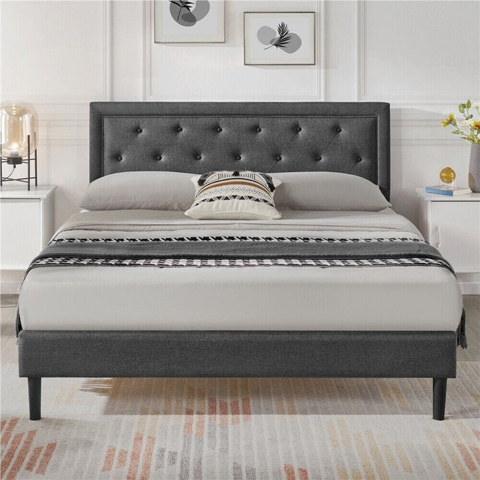 Upholstered Bed Frame with Diamond Button Tufted Headboard, Dark Grey Queen Size