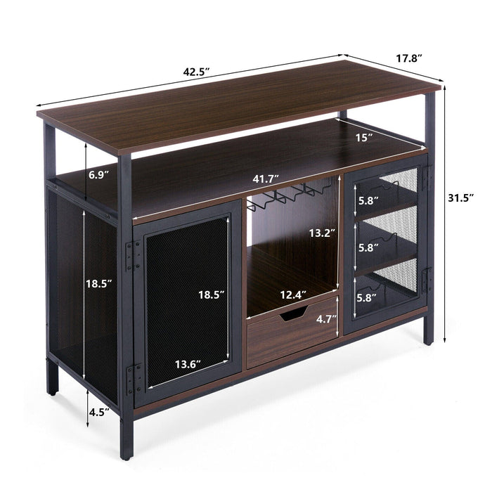 Brown 43"Industrial Wine Bar Cabinet Liquor Glasses Wine Rack Table Home Kitchen