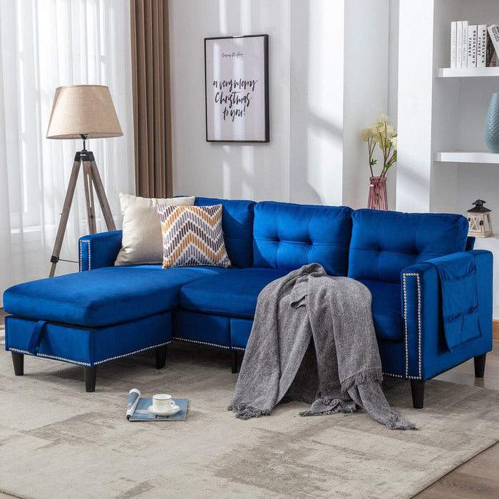 Blue Velvet L-Shaped Convertible Sectional Sofa Couch Ottoman Chaise USB Storage