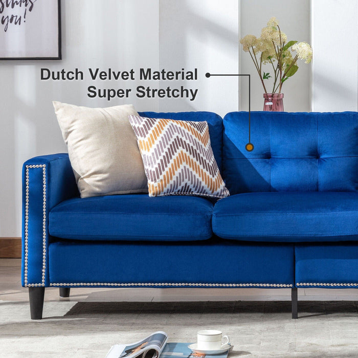 Blue Velvet L-Shaped Convertible Sectional Sofa Couch Ottoman Chaise USB Storage