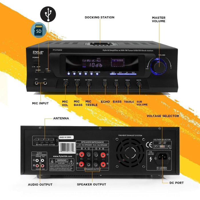 Pyle PT270AIU-300W Stereo Receiver W/ iPod Dock AM/FM Tuner USB SD Input