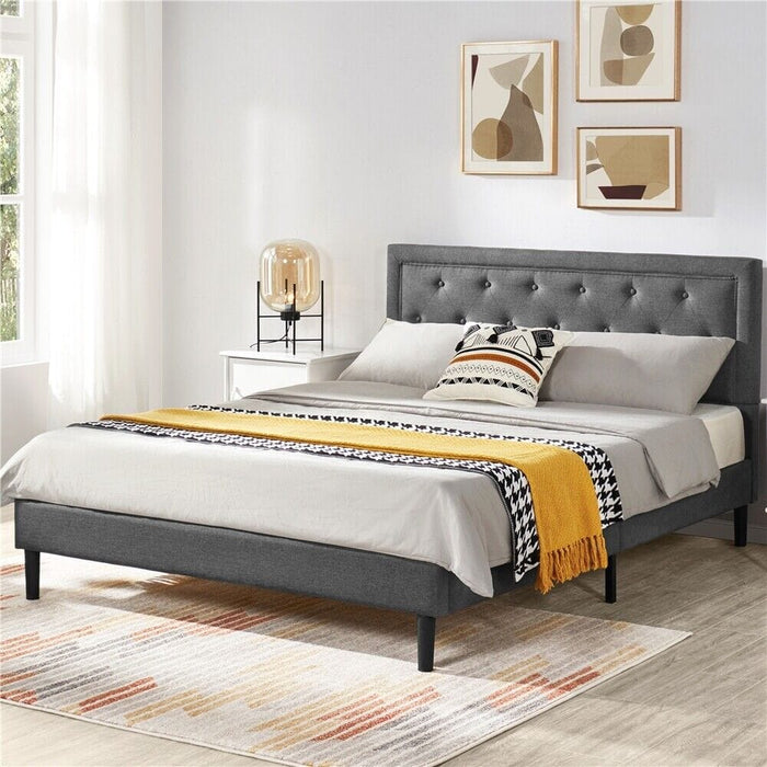 Upholstered Bed Frame with Diamond Button Tufted Headboard, Dark Grey Queen Size