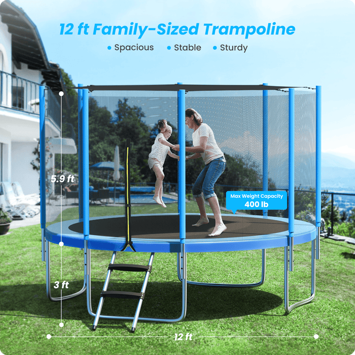 Jugader 12ft 400lbs Trampoline with Safety Enclosure, Shade Net
