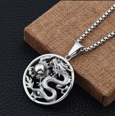 New Mens Stainless Steel Protection Dragon Yin Ying Yang Pendant Necklace Men 3D