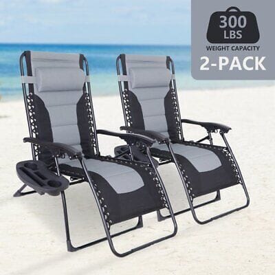 Set of 2 Oversized Folding Zero Gravity Chair Patio Padded Recliner Lounger Grey