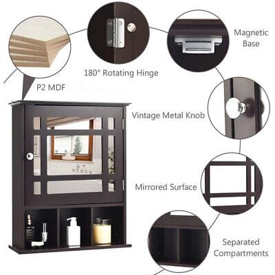 Home Kitchen/Bathroom Wall Mounted Medicine Cabinet Shelf Organizer Brown