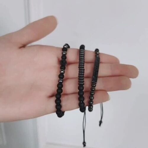 Fashion 3pcs Black Beads Stainless Steel Bracelet Bangle Jewelry Gift For Men