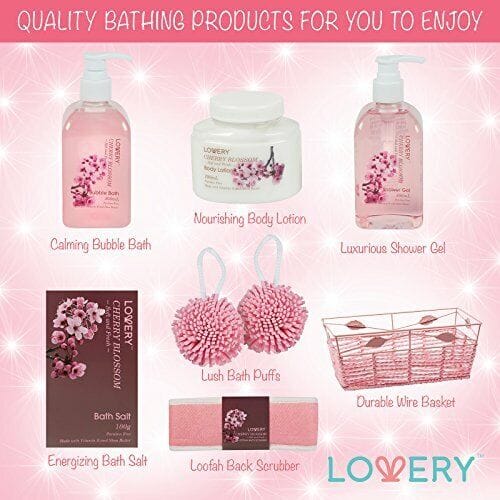 Lovery Spa Gift Basket in Cherry Blossom - Bath and Body Set for Women